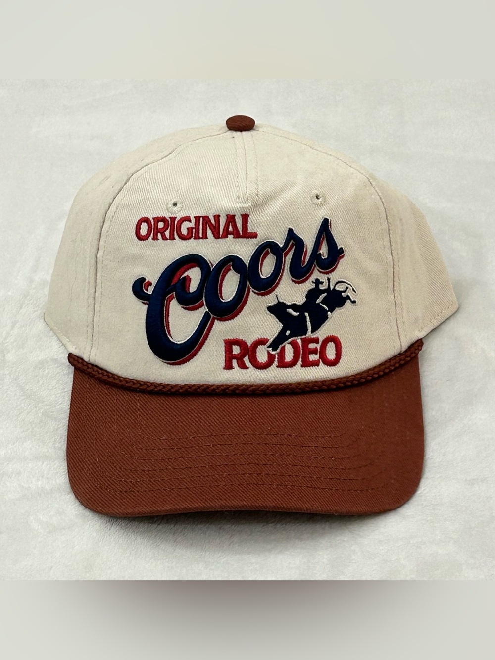 Original Coors Banquet Beer Rodeo Bull Logo Beige & Brown Rope Snapback Hat Cap